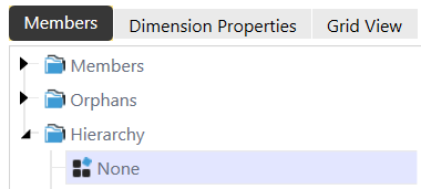The Members tab has a blue background with white text and a list on the left side with options to view dimensions. Each option an arrow to the left that can be expanded. In this example, Hierarchy is expanded to show None and Models. None is selected.